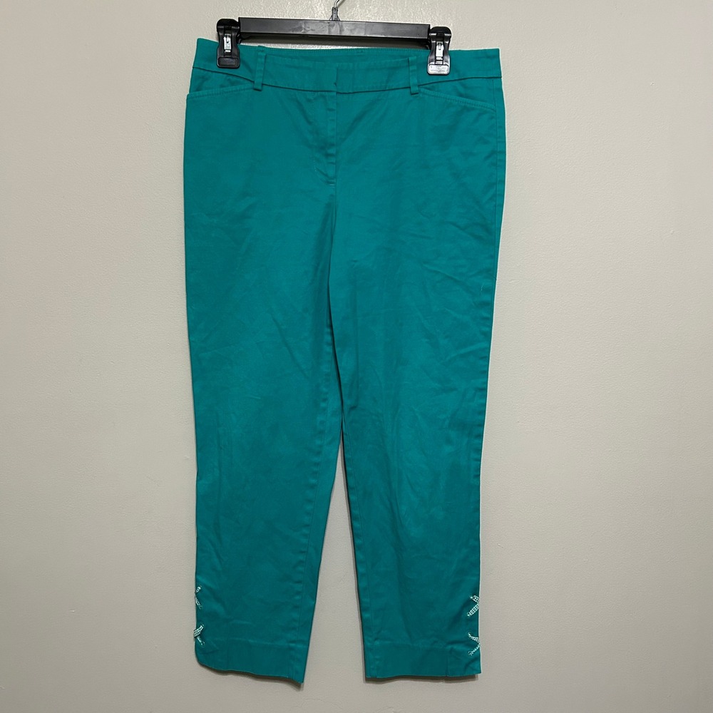 Talbots Womens Capri Pants 4 Cropped Turquoise Teal Gingham Lace Up Perfect Crop